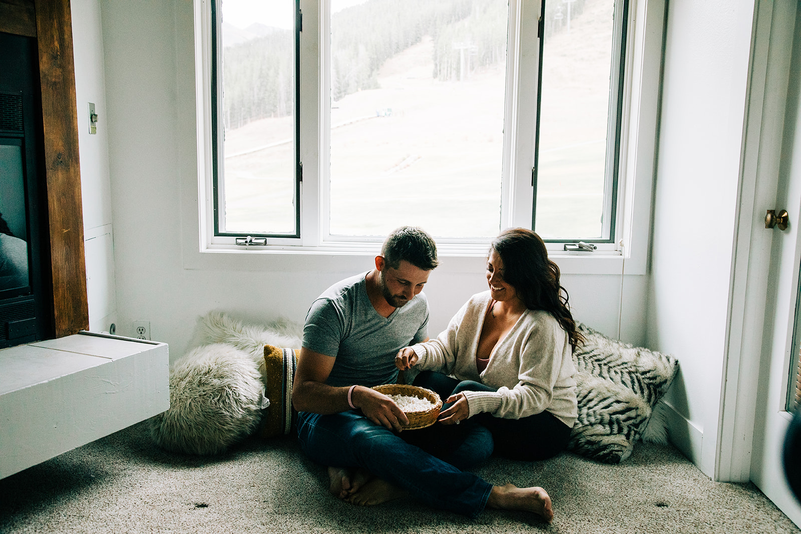 in home couples photo session with popcorn