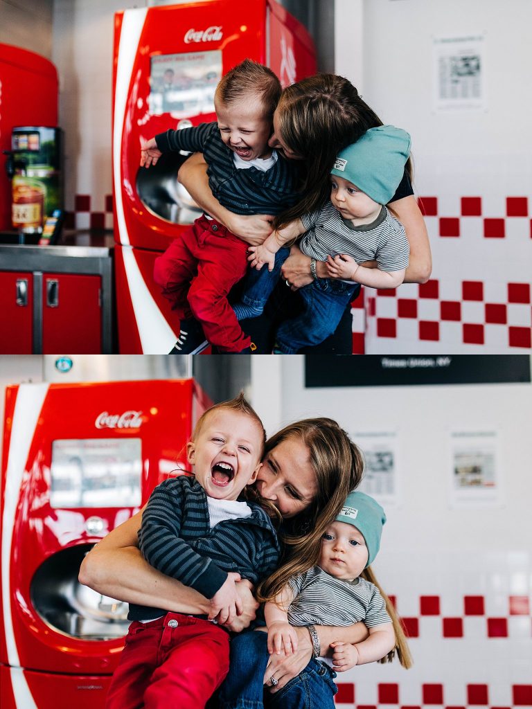 mom and sons at five guys on a lunch date