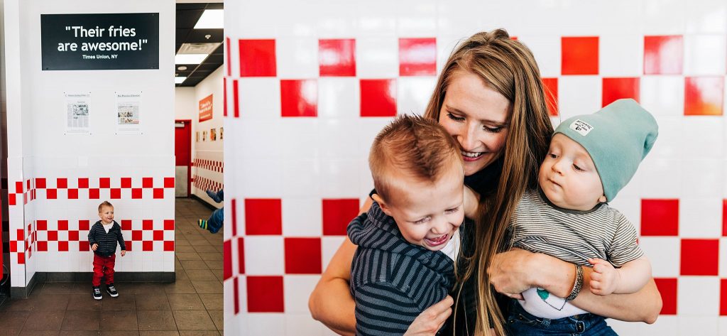 mom and two boys at five guys